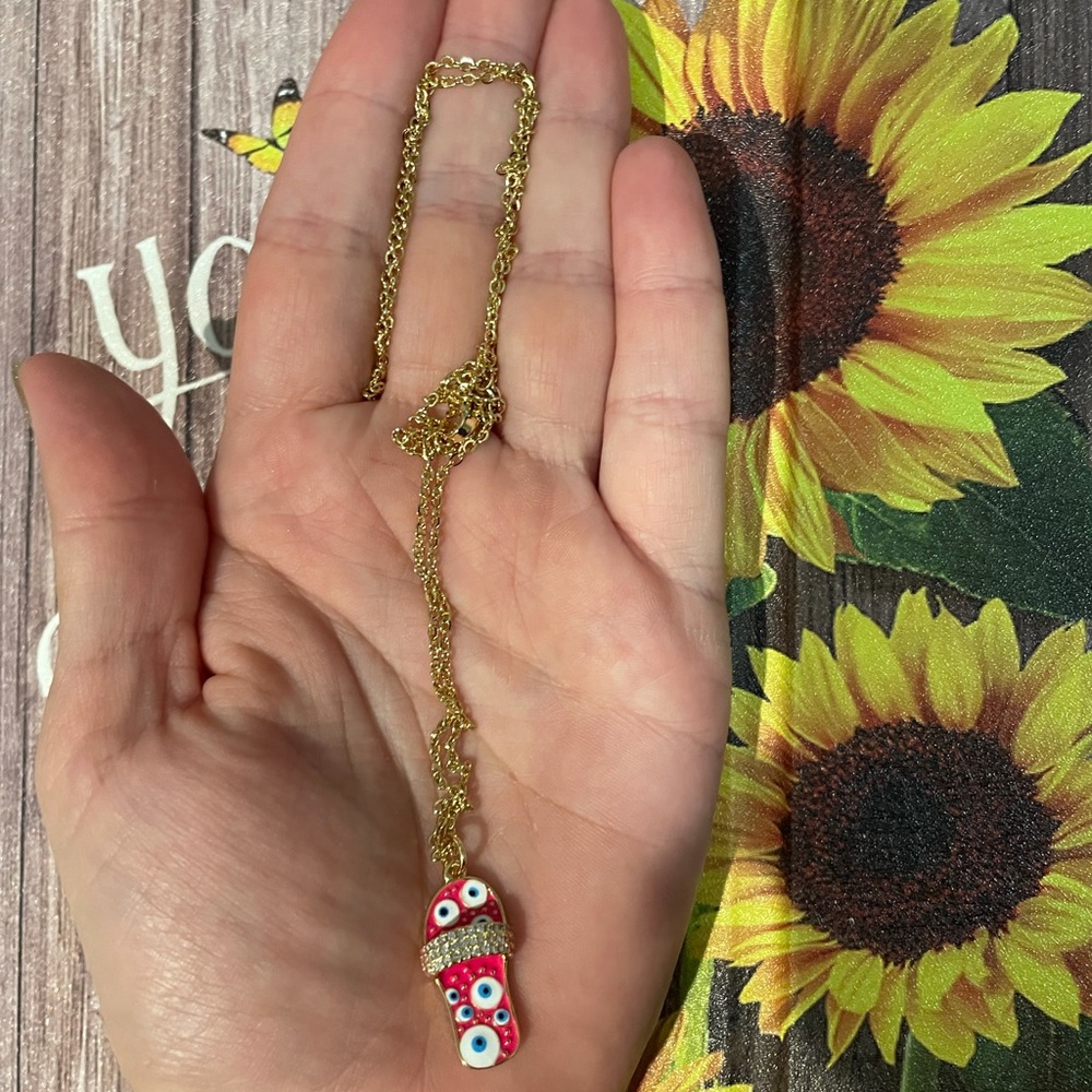 NEW 14k Pink Evil Eye Sandal Necklace - Picture 3 of 3